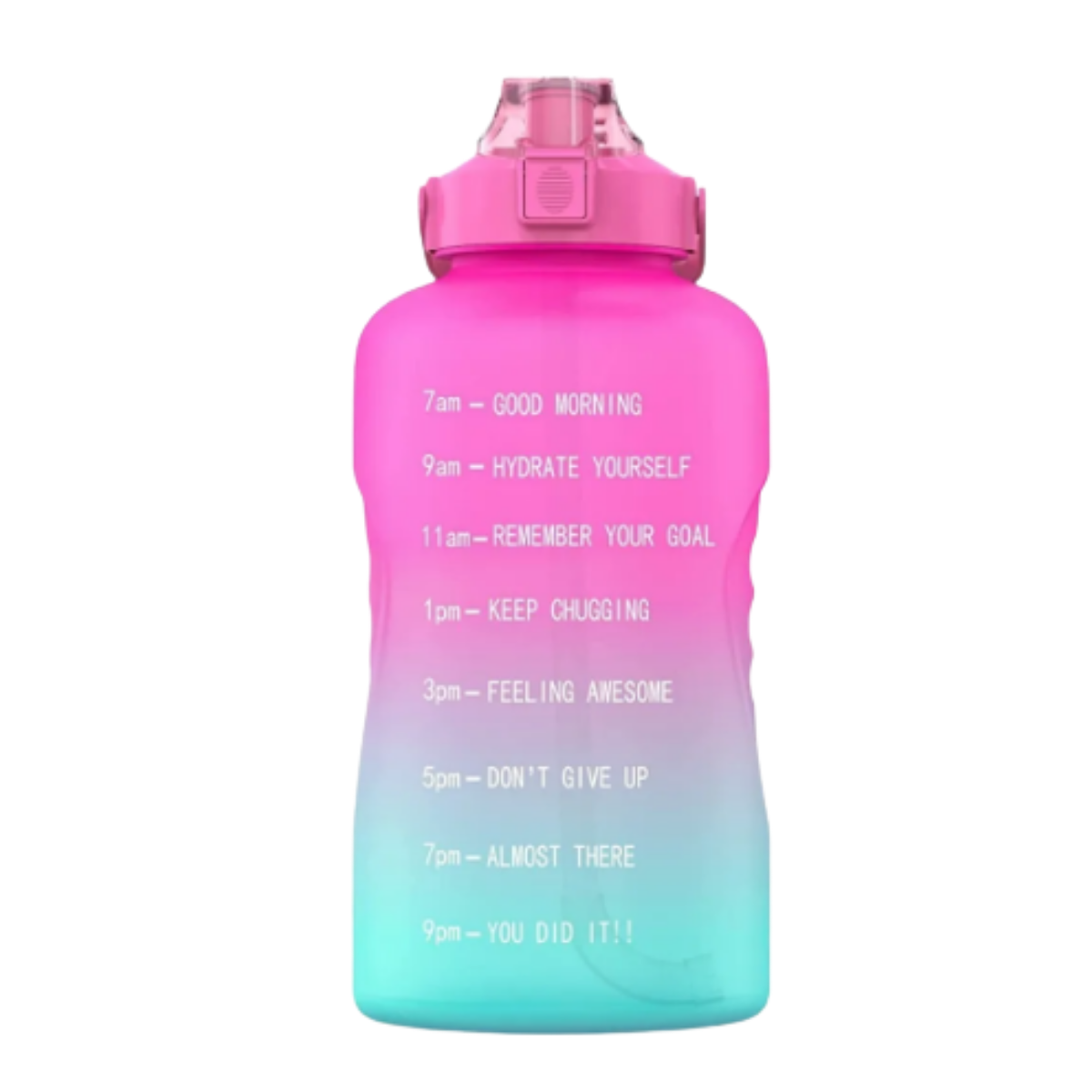 Botella Deportiva Multicolor 2200 ml con Marcador de Tiempo color Rosa con Verde Degradado