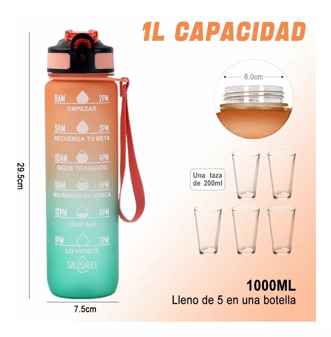 Foto 4 pulgar | Botella De Agua Motivadora Belug 1 Litros Con Marcador De Tiempo Naranja - Verde