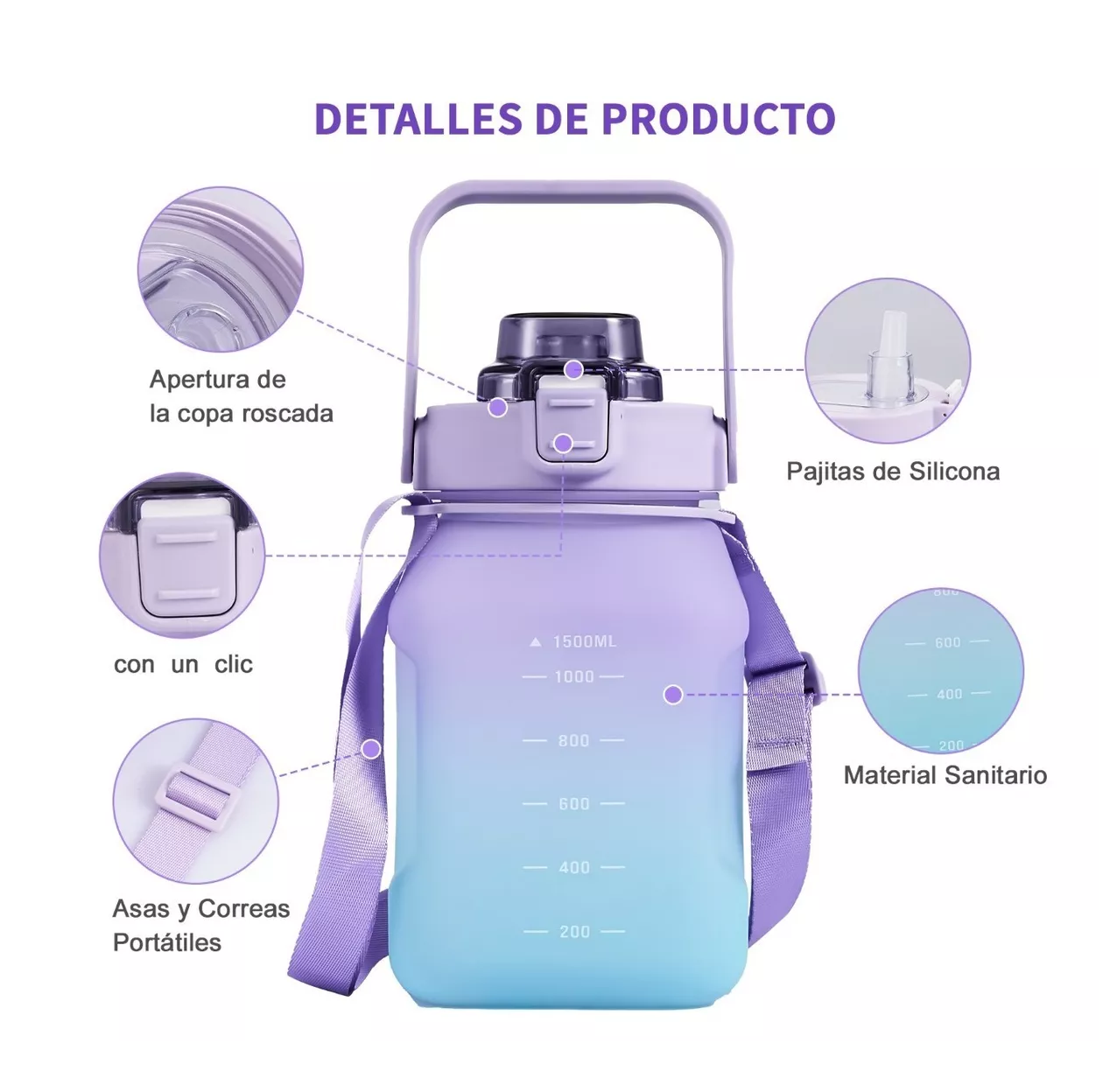 Foto 3 pulgar | Botella de Agua BELUG color Violeta Deportiva de Gran Capacidad 1.5 L con Correa