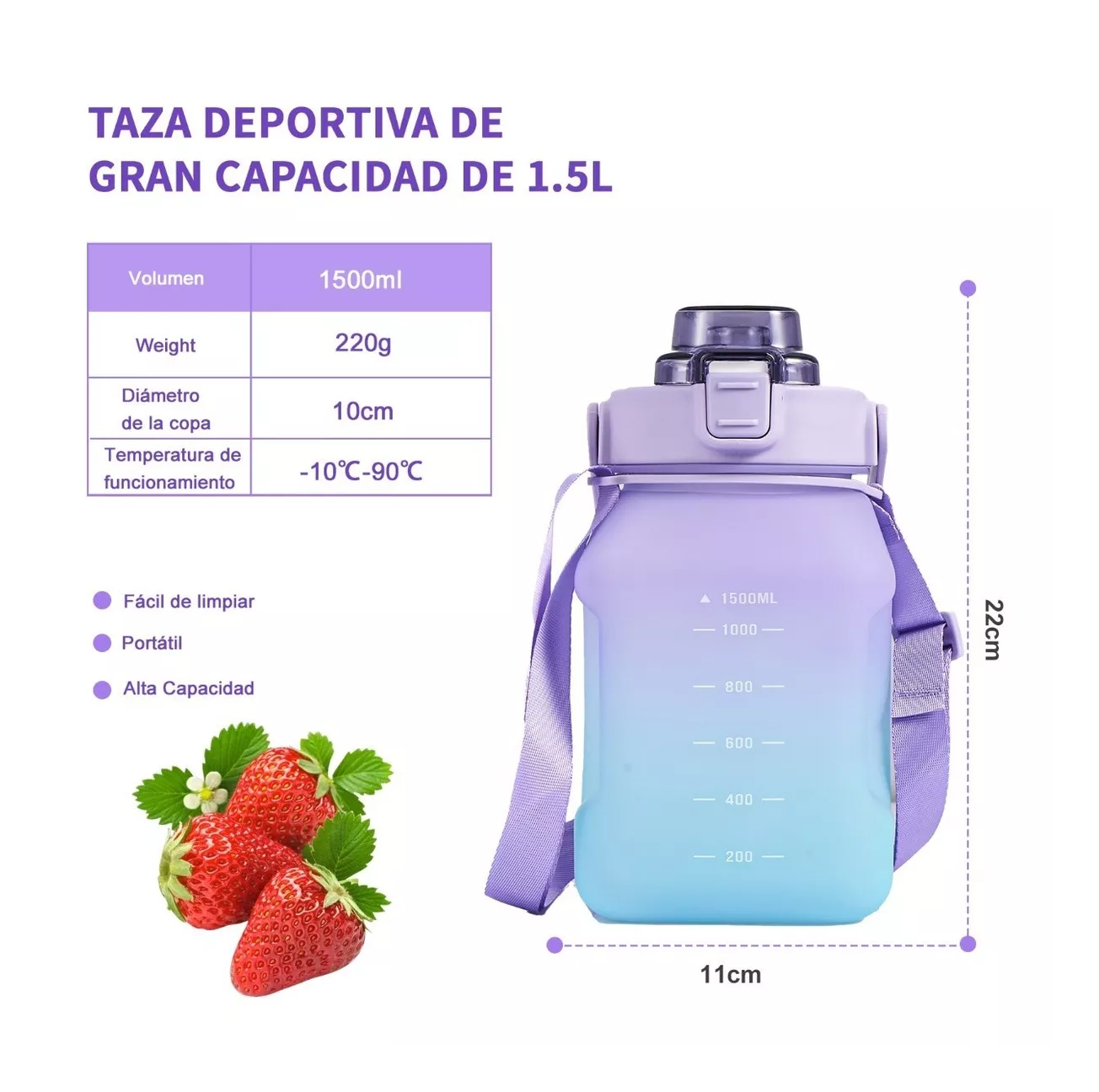 Foto 5 pulgar | Botella de Agua BELUG color Violeta Deportiva de Gran Capacidad 1.5 L con Correa