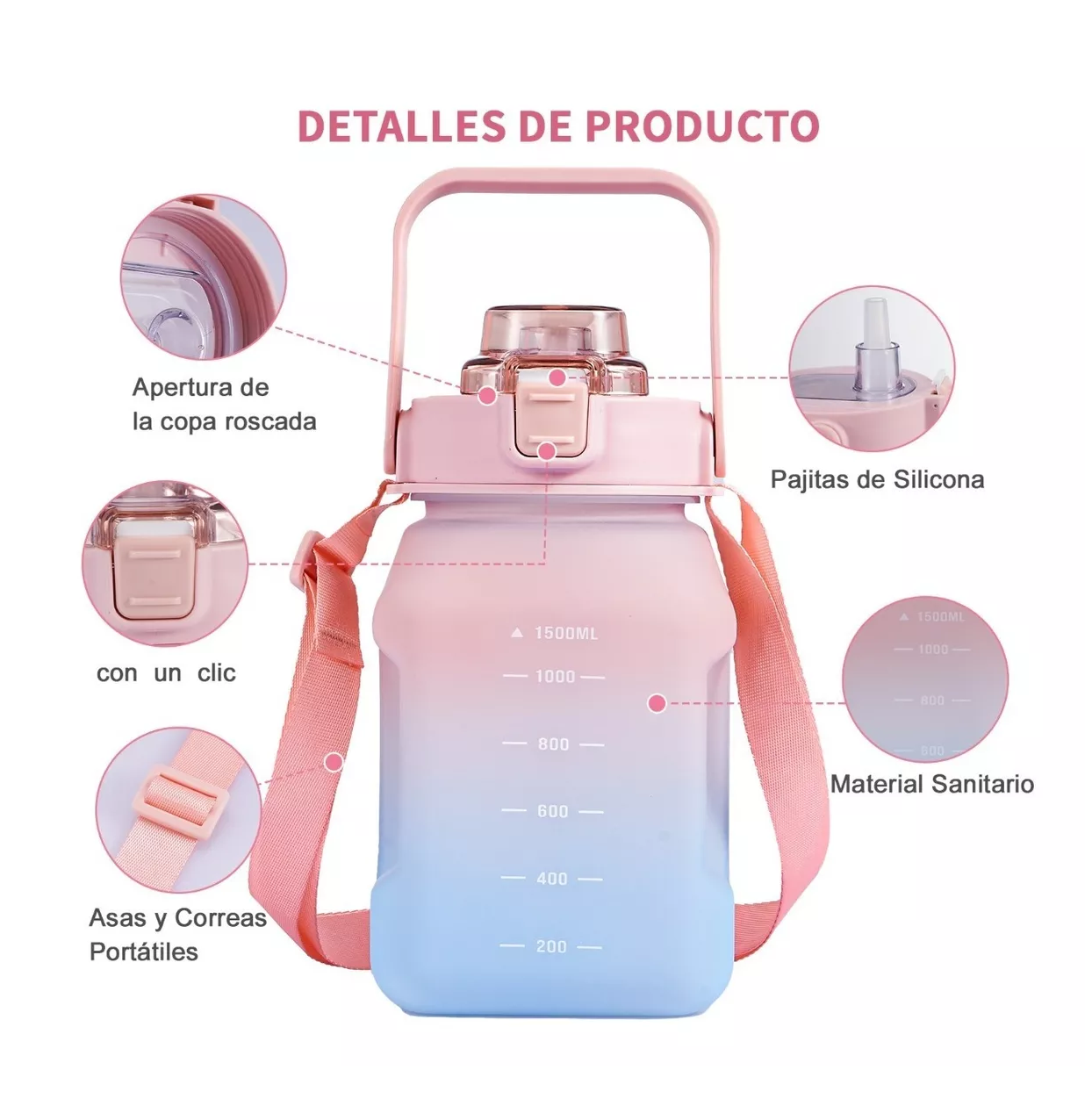 Foto 5 pulgar | Botella de Agua BELUG color Rosa Deportiva de Gran Capacidad 1.5 L con Correa