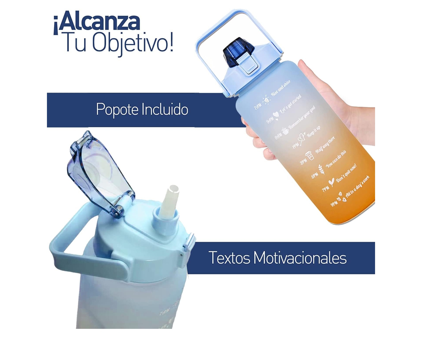 Foto 4 | Botella Motivacional de 2.2 litros, Color Azul Naranja, con popote dos colores asa de transporte sin BPA.