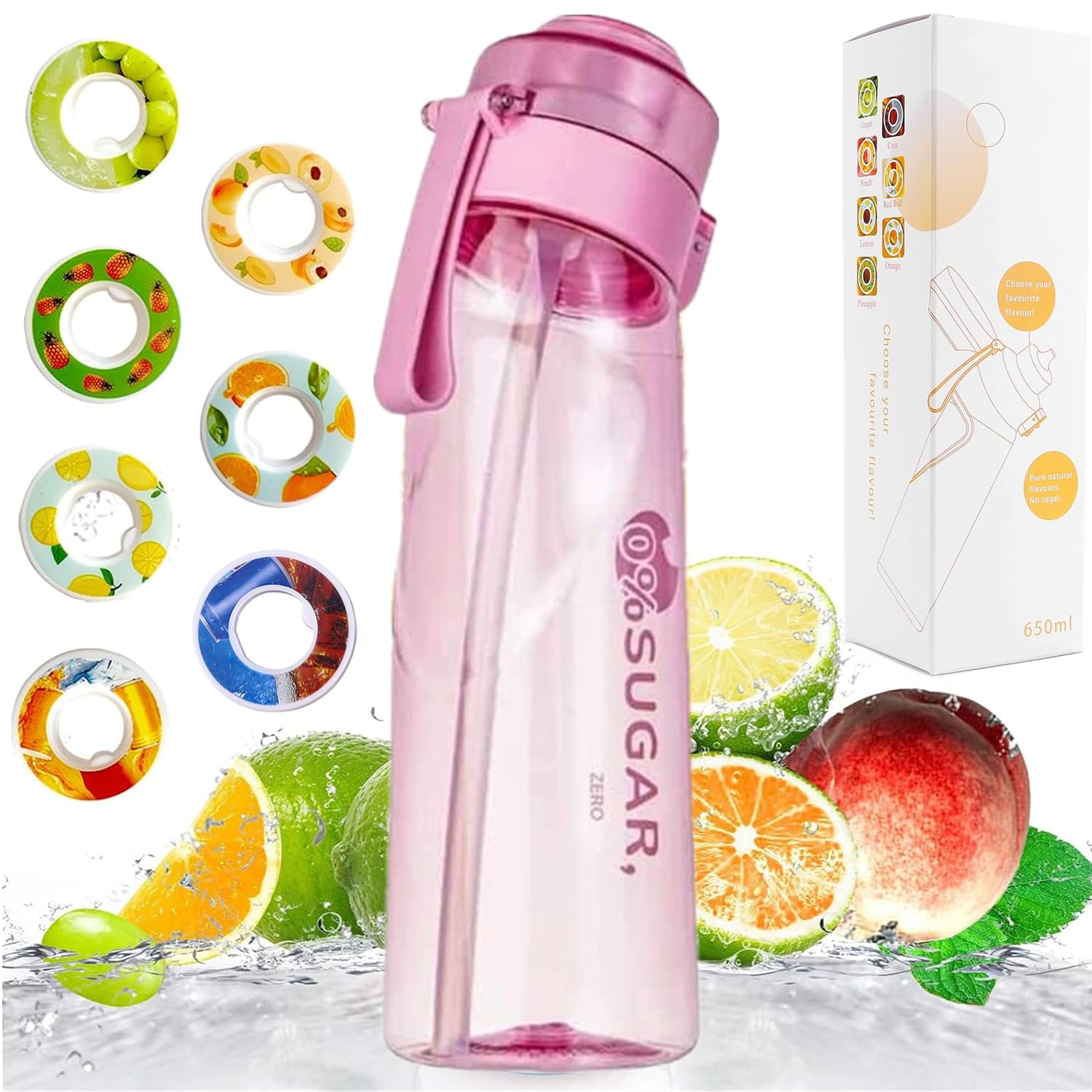Foto 2 pulgar | Botella De Agua Con 7 Cápsulas De Sabor, 650 Ml, Sin Bpa, Rosa - Venta Internacional.