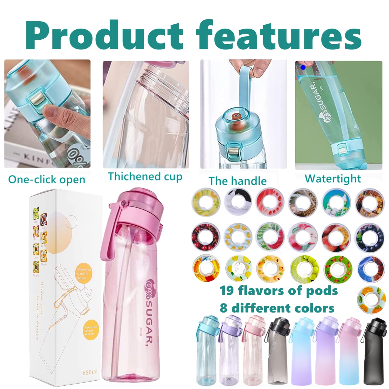 Foto 5 pulgar | Botella De Agua Con 7 Cápsulas De Sabor, 650 Ml, Sin Bpa, Rosa - Venta Internacional.