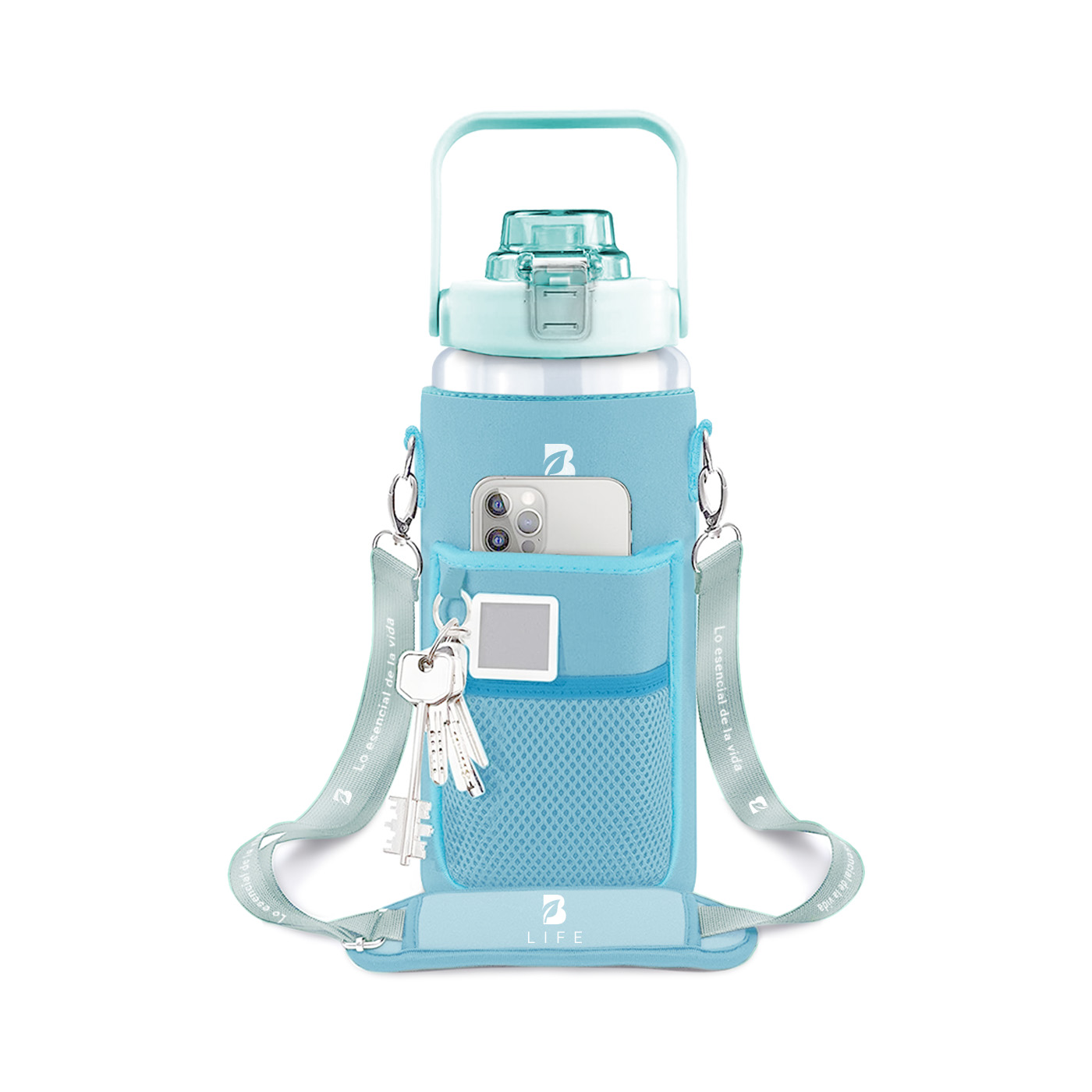 Botella Para Agua Azul | 2 L | Con Funda De Neopreno | Fácil De Transportar | Botella Motivacional B Life.
