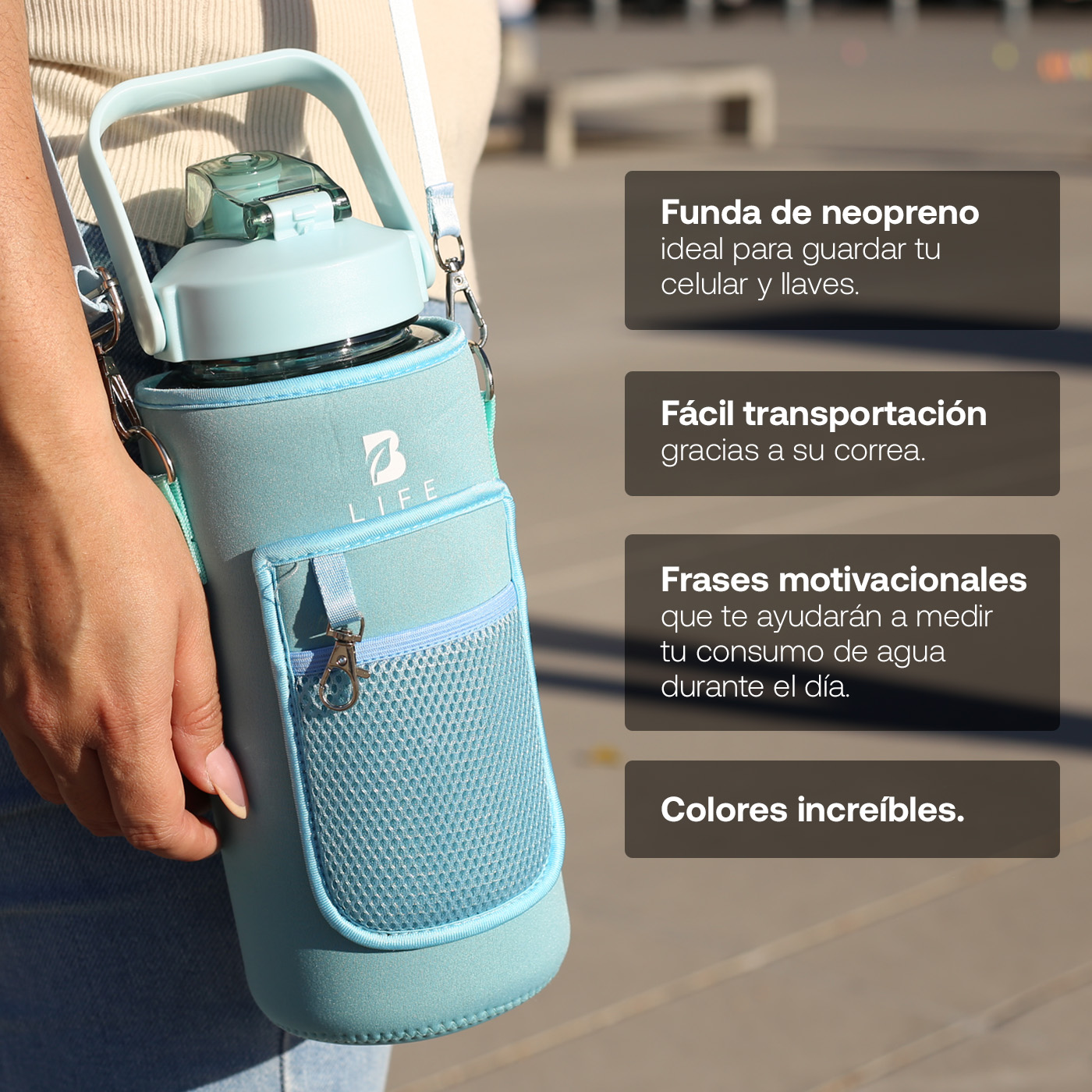 Foto 4 pulgar | Botella Para Agua Azul | 2 L | Con Funda De Neopreno | Fácil De Transportar | Botella Motivacional B Life.