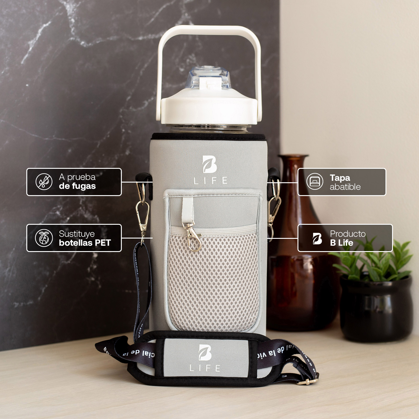 Foto 5 pulgar | Botella Para Agua Blanca | 2 L | Con Funda De Neopreno | Fácil De Transportar | Botella Motivacional B Life.