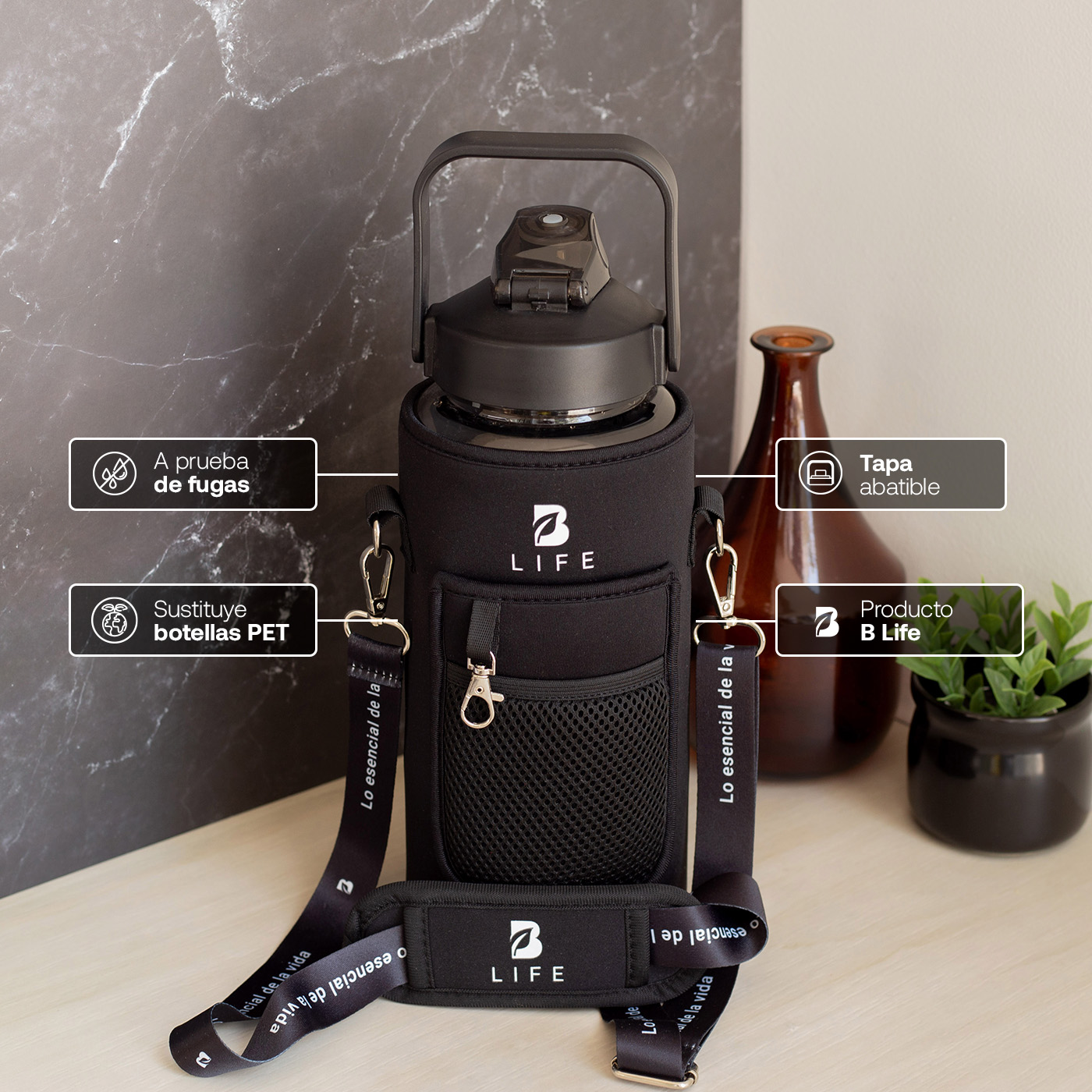 Foto 5 pulgar | Botella Para Agua Negra | 2 L | Con Funda De Neopreno | Fácil De Transportar | Botella Motivacional B Life.