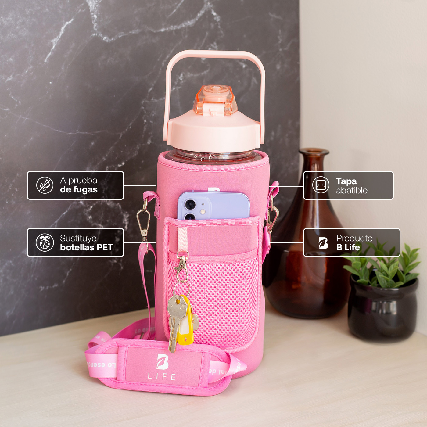 Foto 4 | Botella Para Agua Rosa | 2 L | Con Funda De Neopreno | Fácil De Transportar | Botella Motivacional B Life.