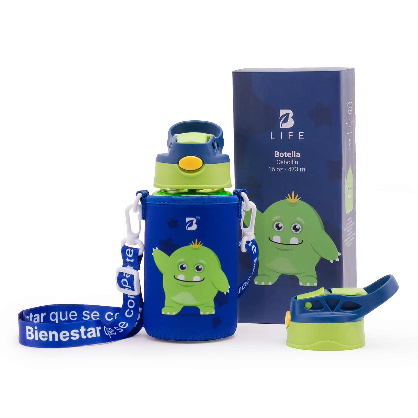 Botella De Agua Para Niños | 473 Ml | Con Accesorios Y Correa | Botella Cebollín | B Life.