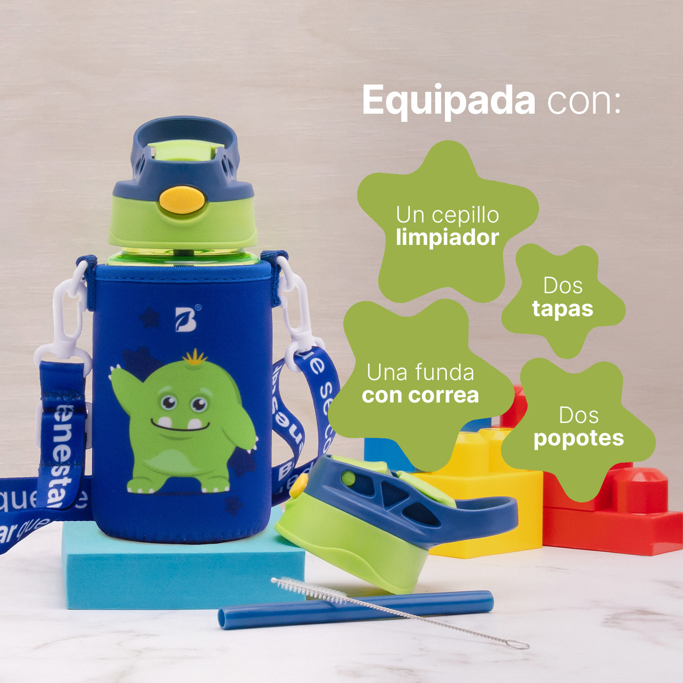 Foto 5 pulgar | Botella De Agua Para Niños | 473 Ml | Con Accesorios Y Correa | Botella Cebollín | B Life.