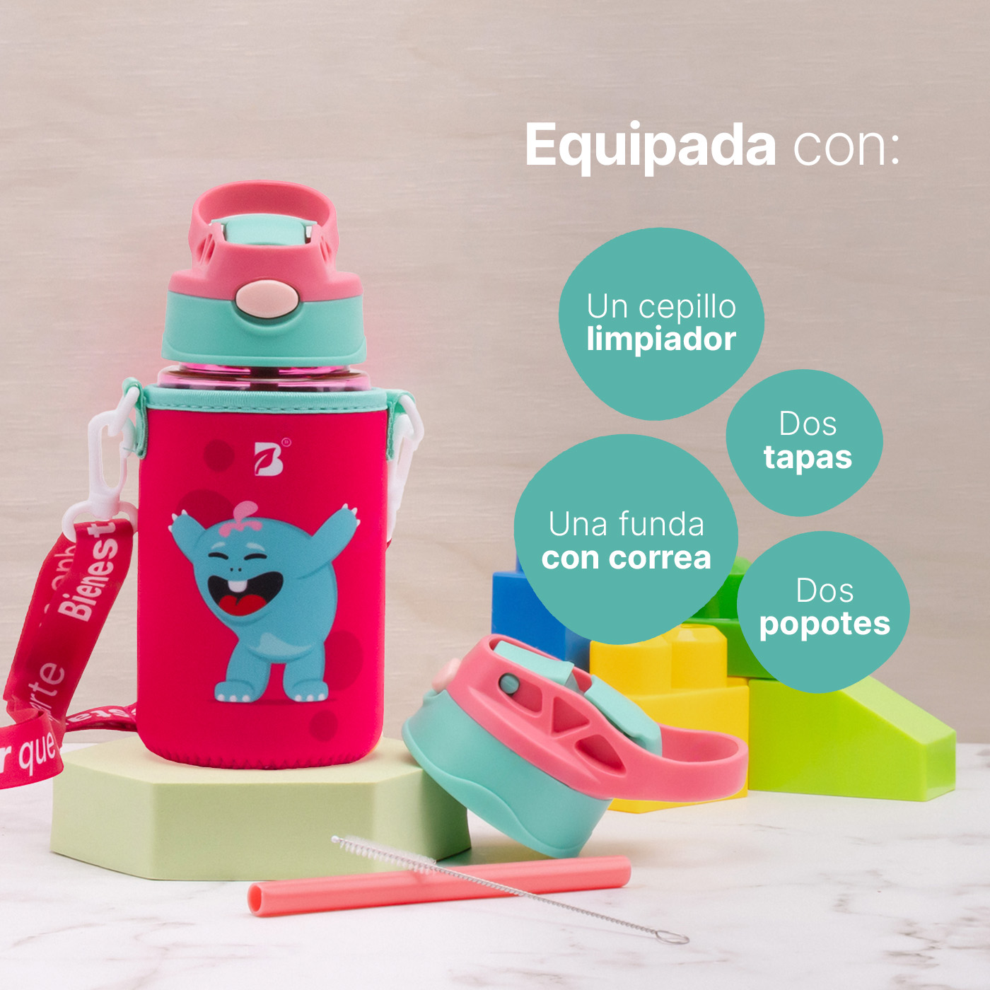 Foto 5 pulgar | Botella De Agua Para Niños | 473 Ml | Con Accesorios Y Correa | Botella Tomatín | B Life.