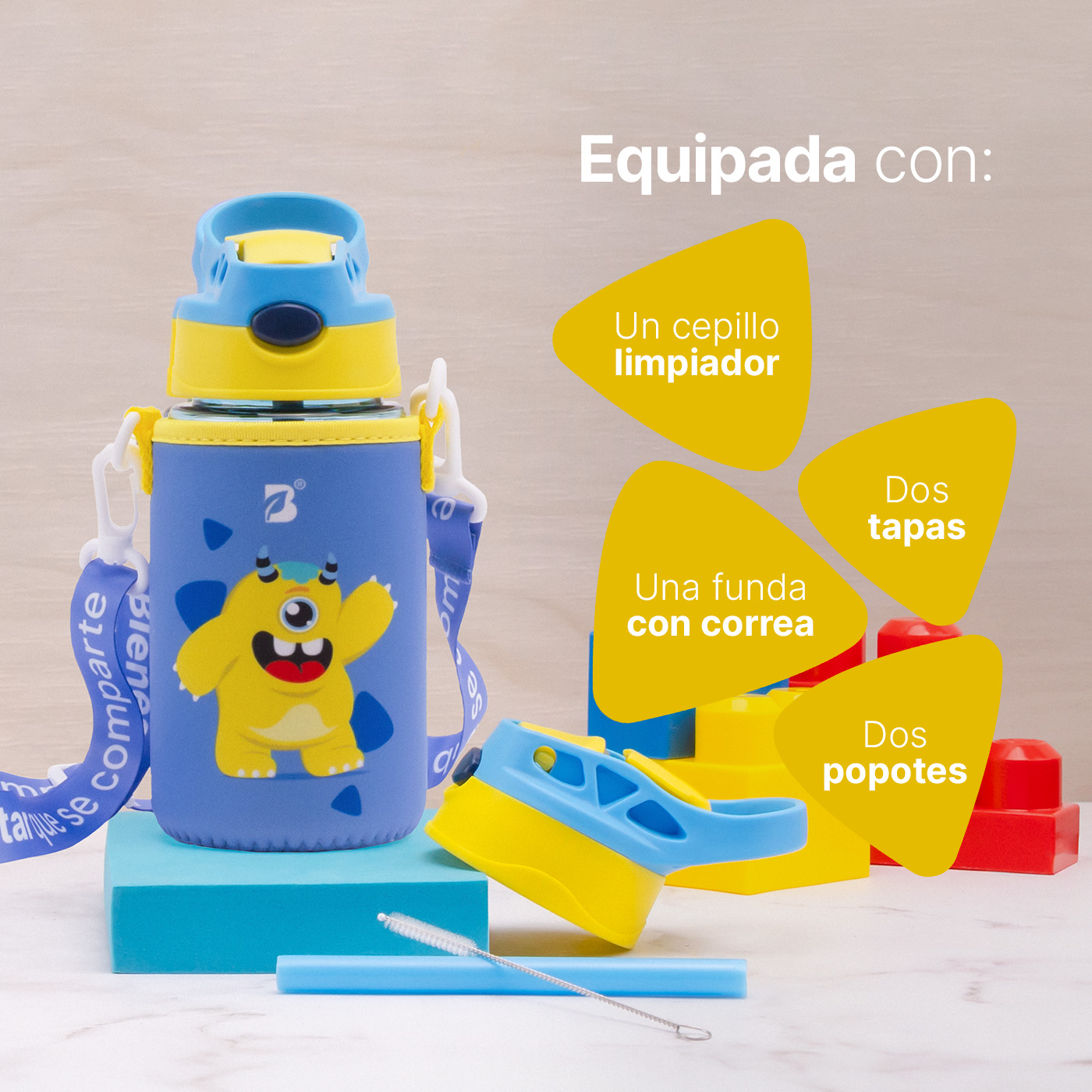 Foto 5 pulgar | Botella De Agua Para Niños | 473 Ml | Con Accesorios Y Correa | Botella Frijolín | B Life.