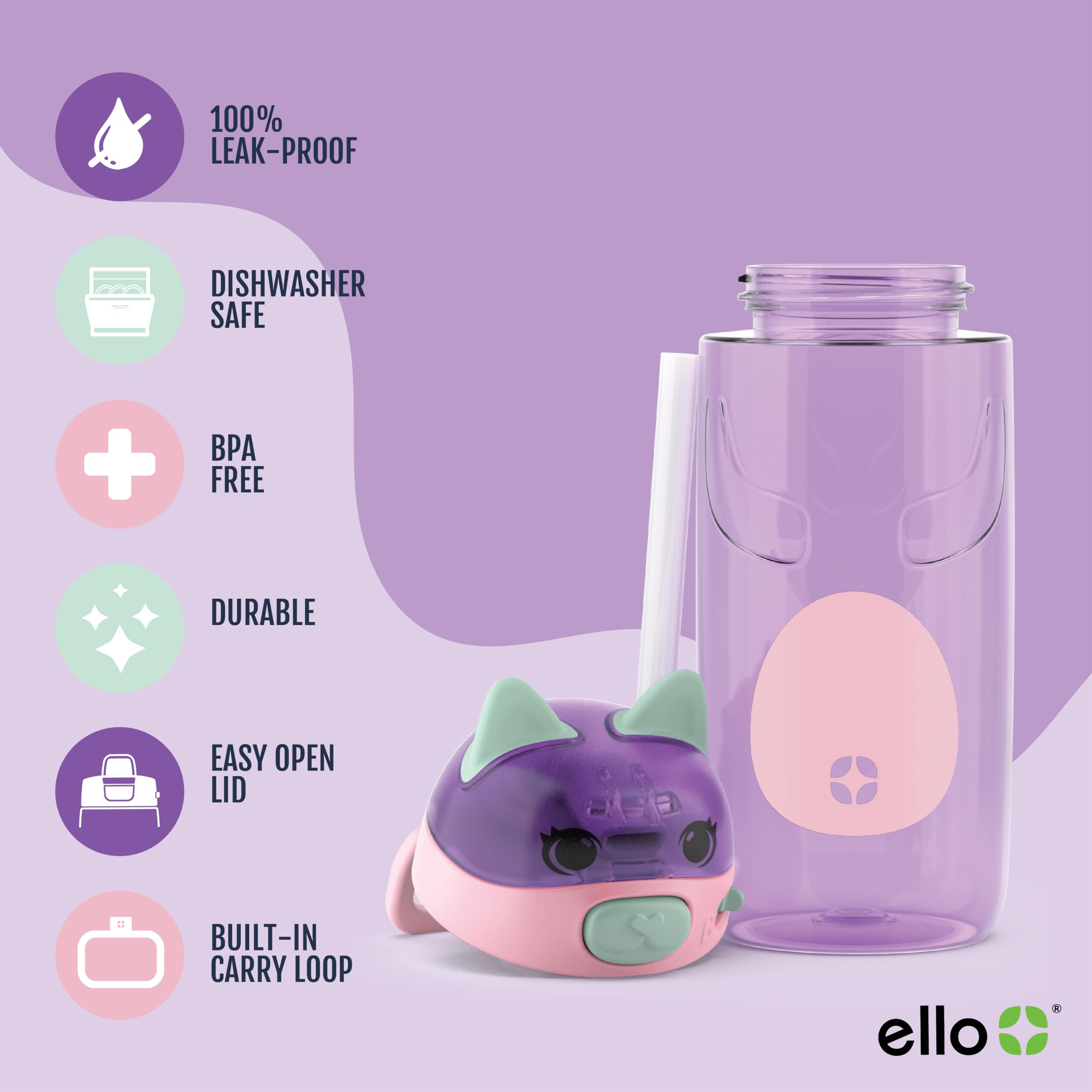 Foto 4 pulgar | Botella De Agua Ello Ellies Plastic Kids De 473 Ml Con Straw Cat - Venta Internacional.