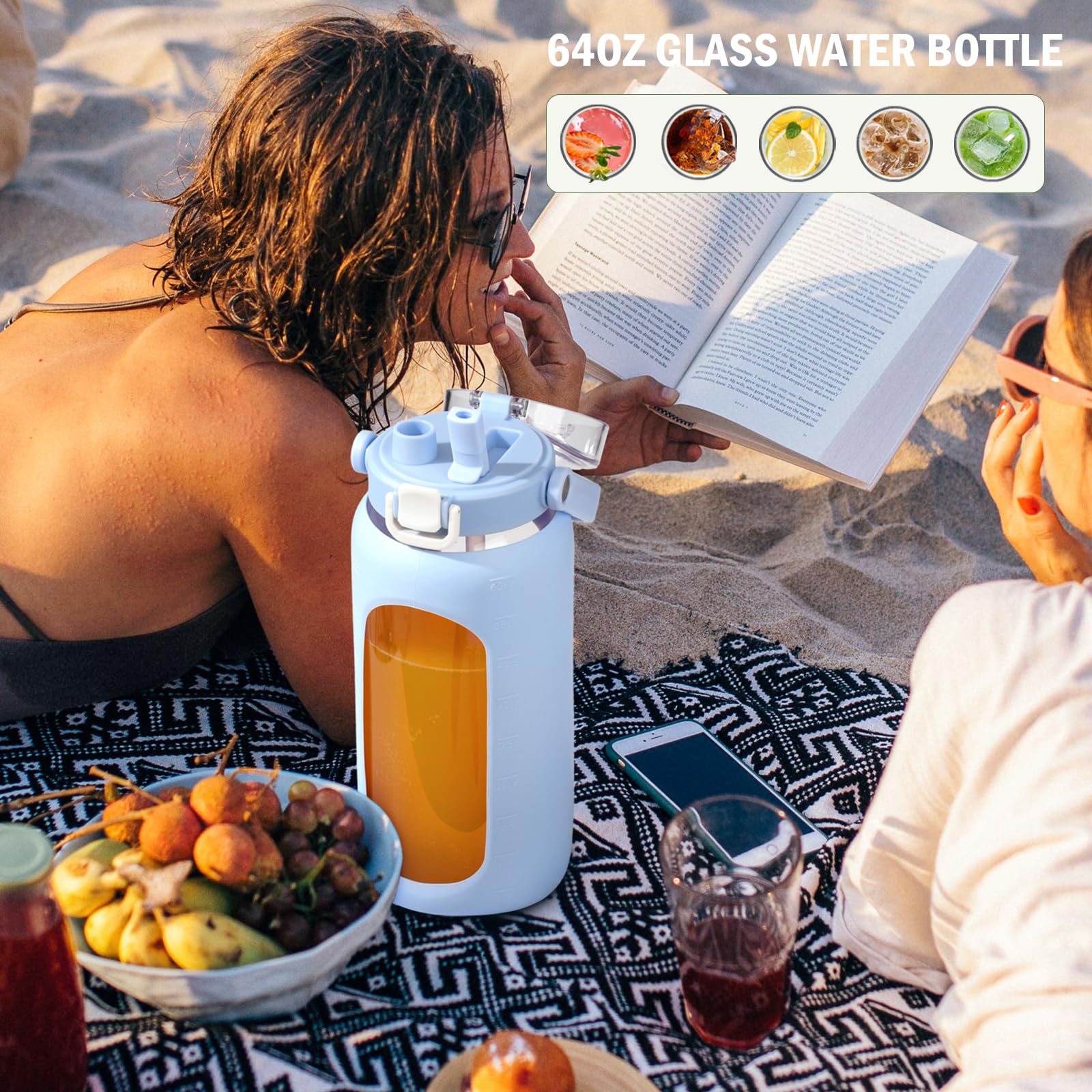 Foto 4 | Botella De Agua Bluego De Vidrio, 2 Litros, Con Pajita, Marcador De Tiempo, Azul Claro - Venta Internacional.