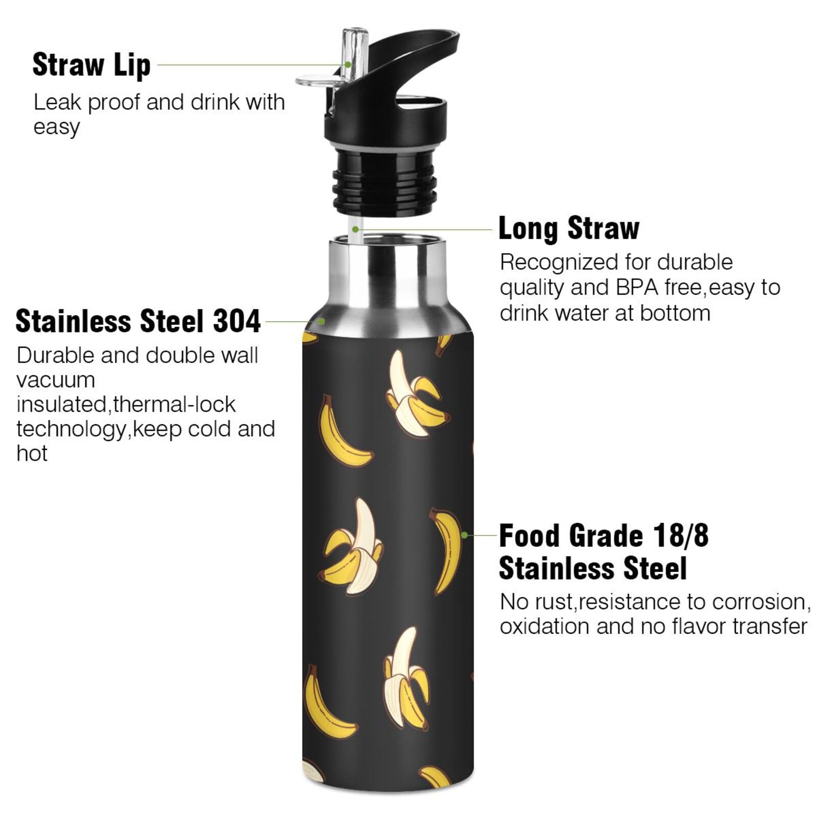 Foto 3 pulgar | Botella De Agua Alaza Bananas Black Con Aislamiento De 600 Ml Para Niños Con Pajita - Venta Internacional.