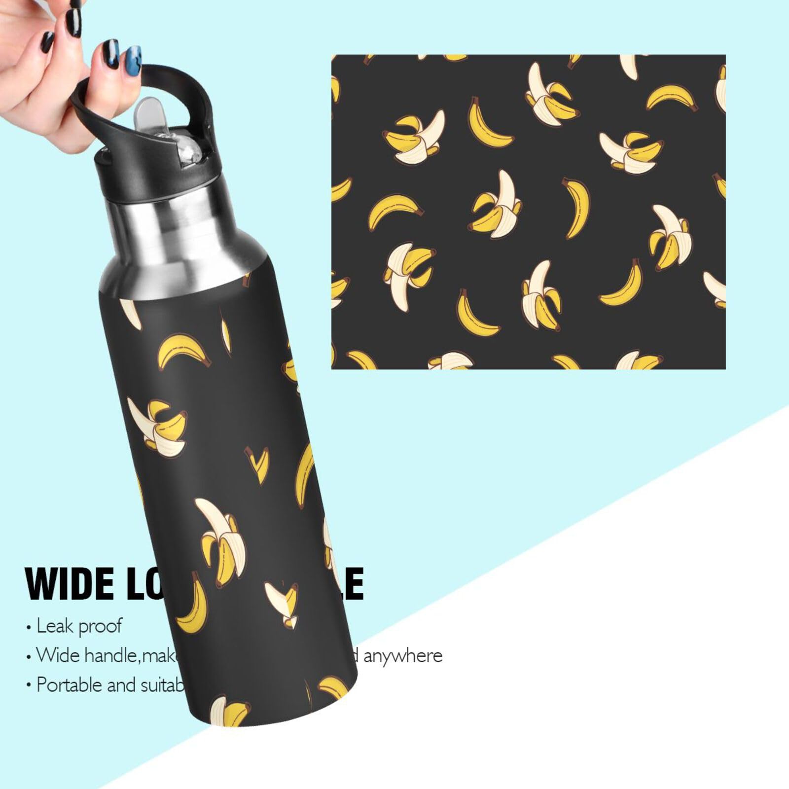Foto 4 pulgar | Botella De Agua Alaza Bananas Black Con Aislamiento De 600 Ml Para Niños Con Pajita - Venta Internacional.