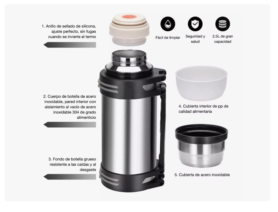 Foto 4 pulgar | Termos De Acero Inoxidable Camping Para Café Y Agua 2.5l Xtellar