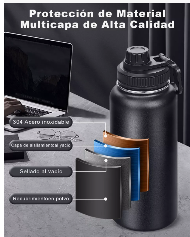 Foto 3 pulgar | Botella Térmica De 1000 Ml Para Bebidas Frías Y Caliente Color Negro Xtellar