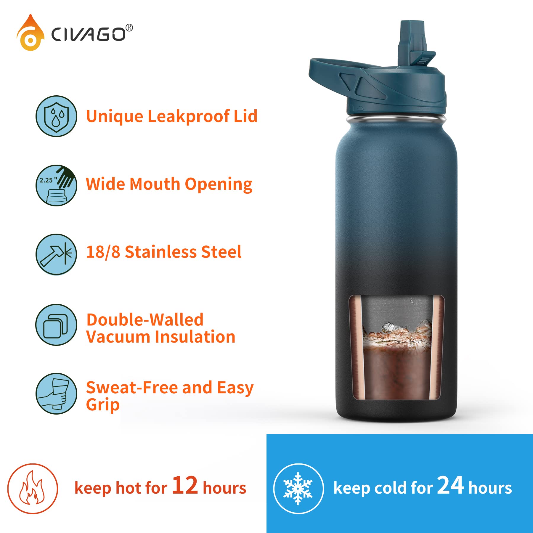 Foto 4 pulgar | Botella De Agua Civago Con Aislamiento De Acero Inoxidable De 950 Ml, Color Marrón Oscuro - Venta Internacional.
