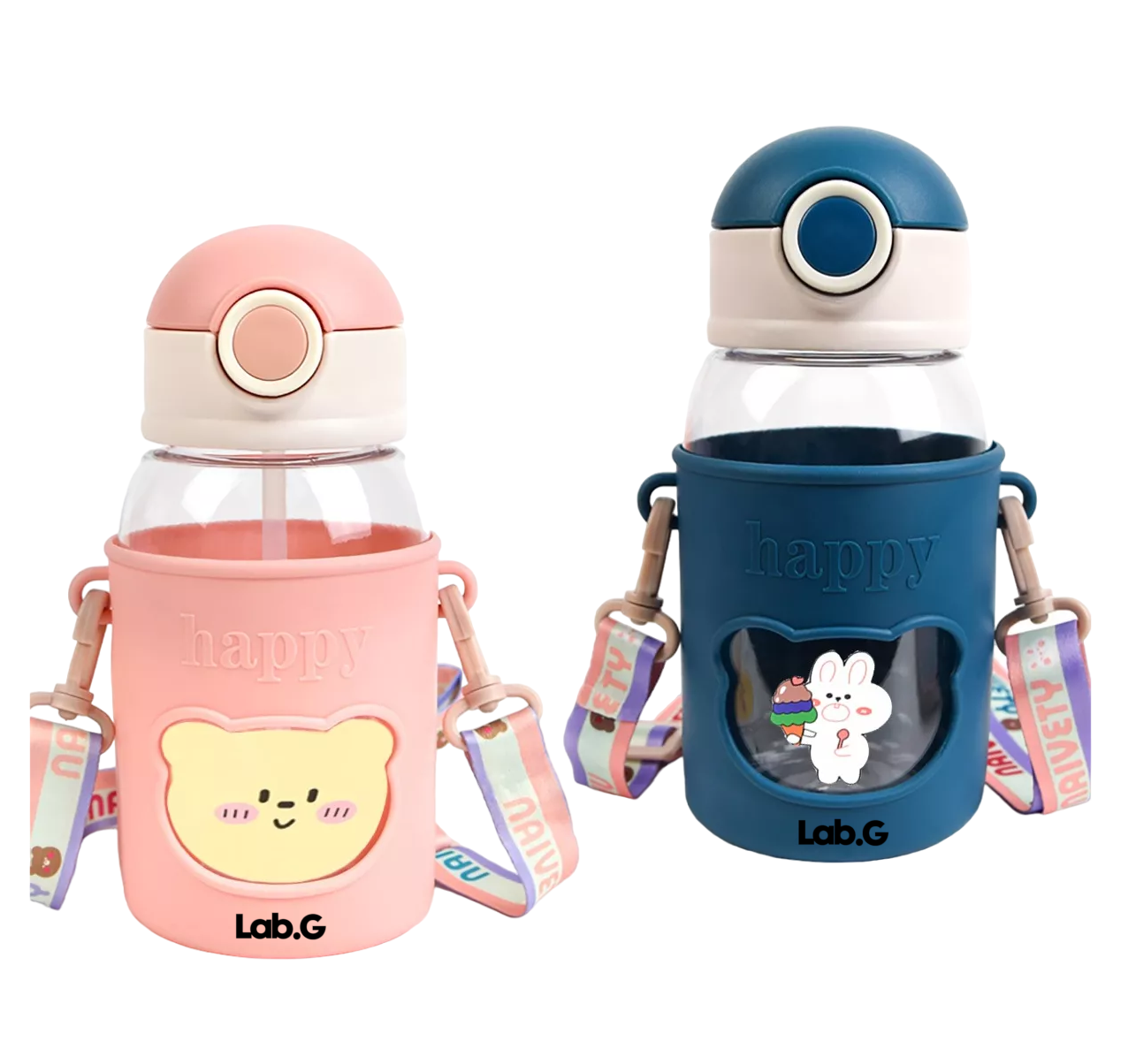 Botellas De Agua Portátil Con Correa Y Funda Lab.g, 2 Piezas Azul/rosa