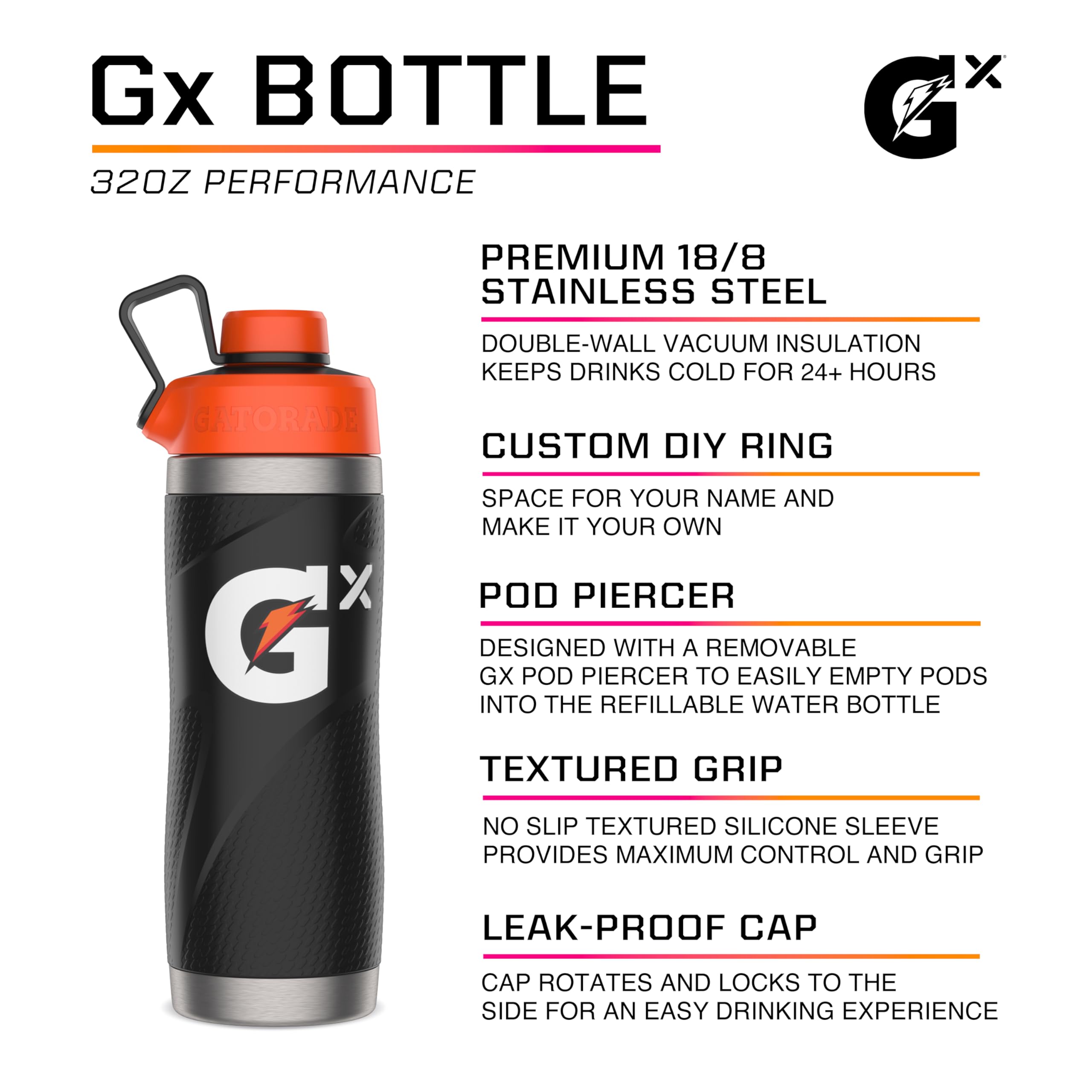 Foto 2 | Botella Gatorade Gx De Acero Inoxidable 946ml Negra - Venta Internacional.