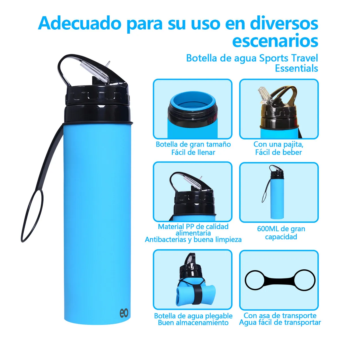 Foto 3 | Botella De Agua Silicona 600ml Plegable Eo Safe Imports Esi-19434 Azul