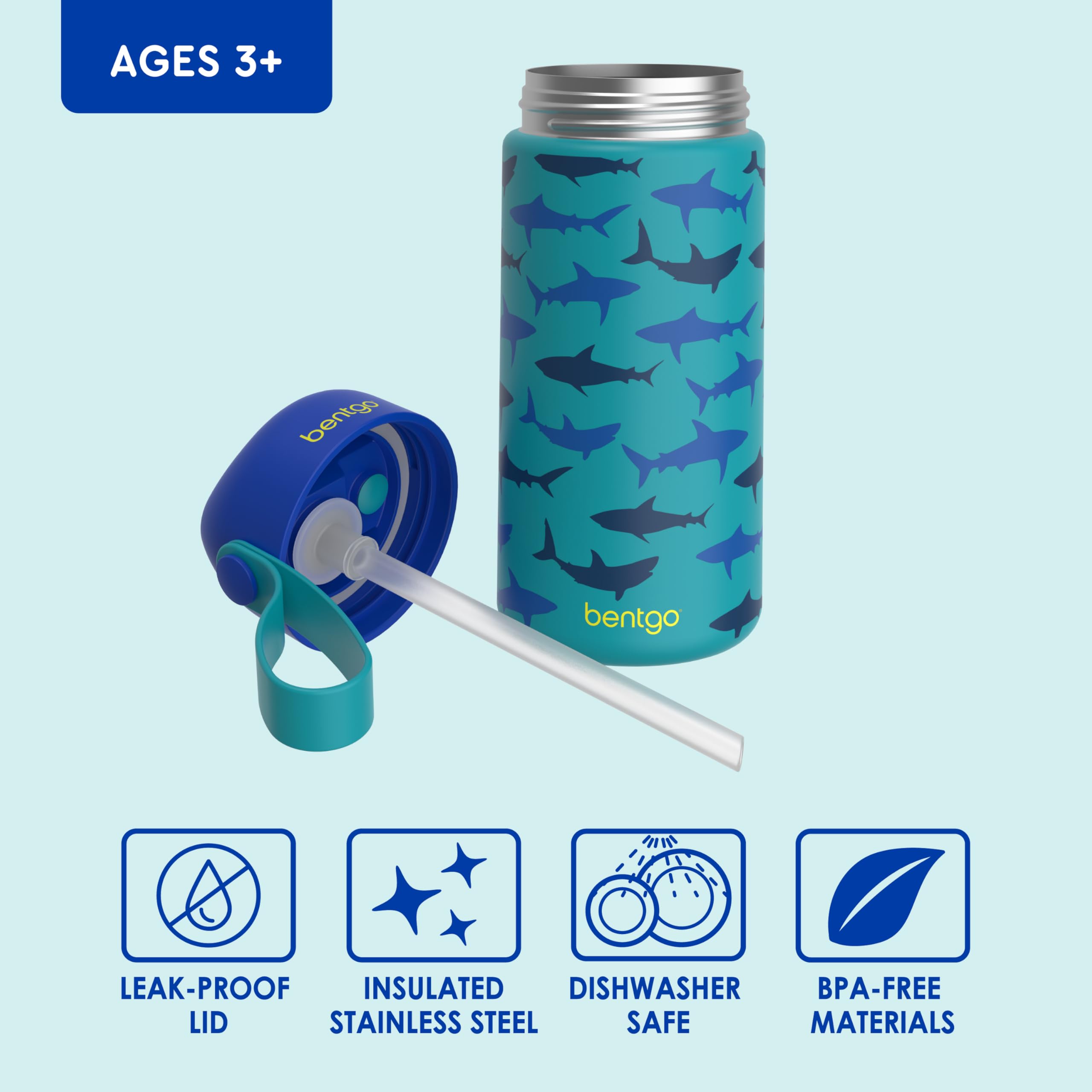 Foto 6 pulgar | Botella De Agua Bentgo Kids De Acero Inoxidable 414 Ml Sharks 3+ - Venta Internacional.