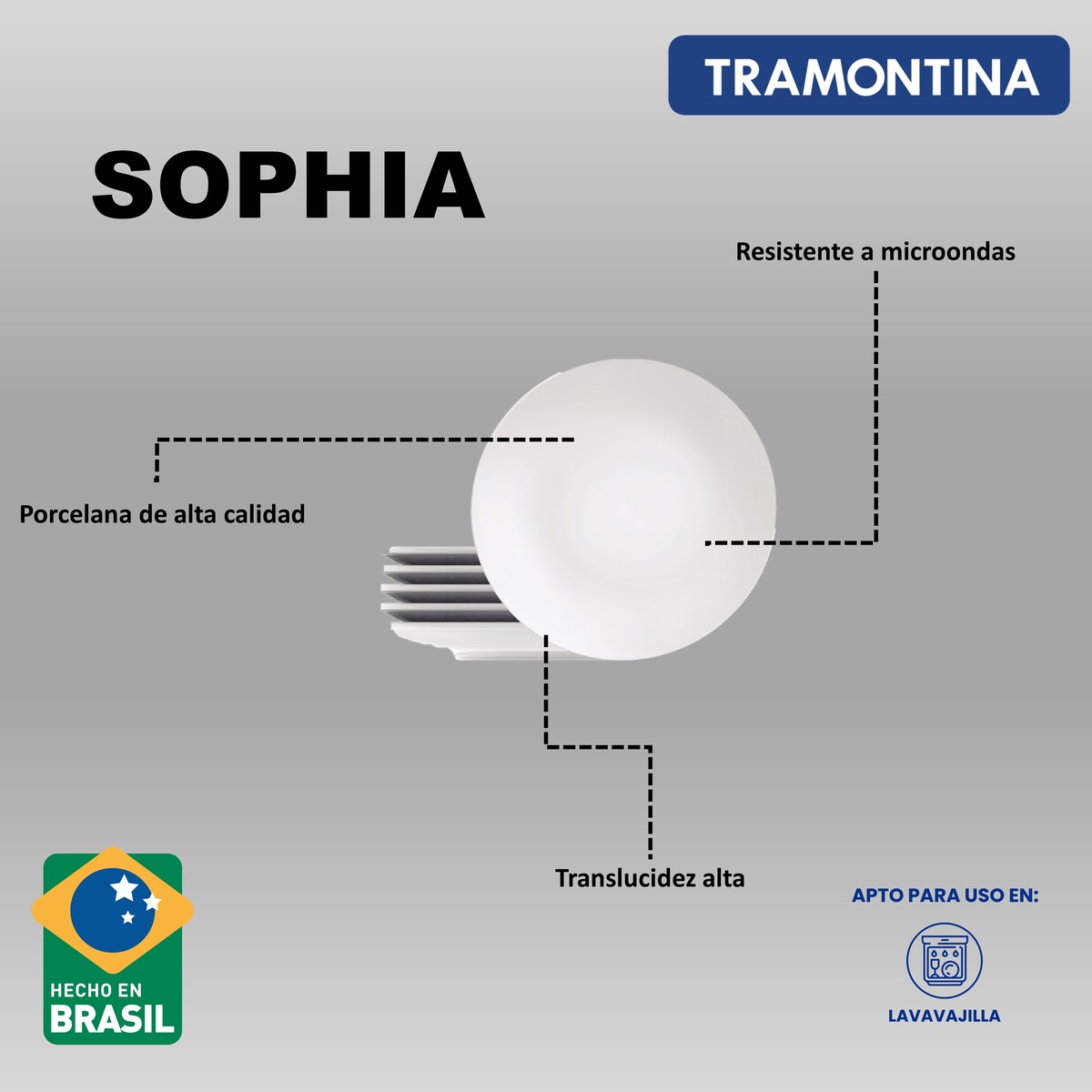 Foto 5 pulgar | Juego De Platos Hondos De Porcelana Tramontina Sophia 6 Piezas