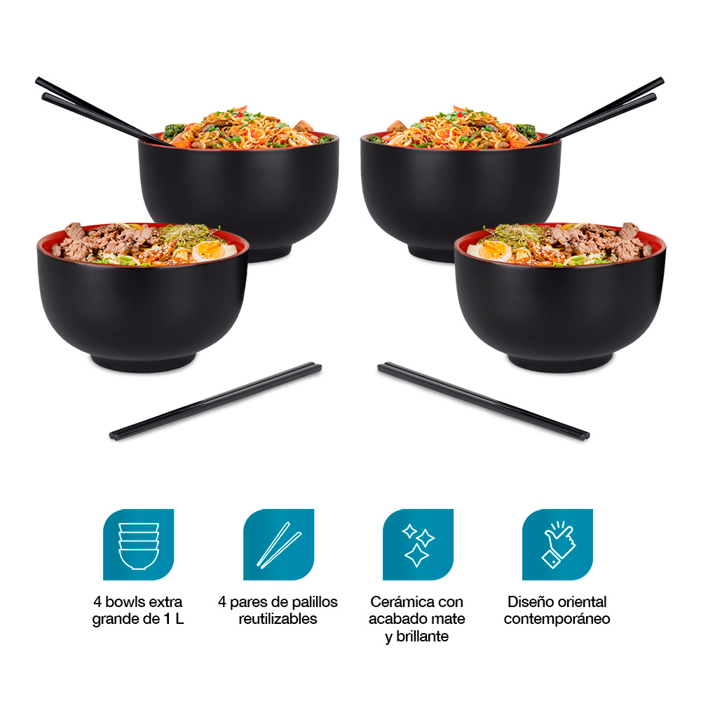 Foto 3 pulgar | Platos Hondos de Cerámica para Ramen Noodles Palillos 4 Pz Casa Litus color Negro 83512-bl