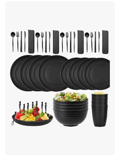 Foto 1 | 40pcs Vajilla Juego Cocina Paja Trigo Plato Tazas Kit Negro