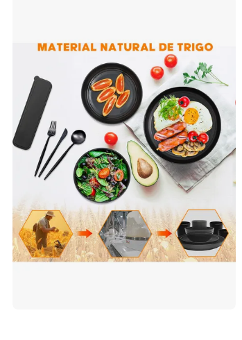 Foto 3 pulgar | 40pcs Vajilla Juego Cocina Paja Trigo Plato Tazas Kit Negro