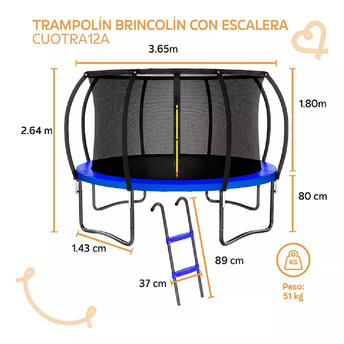Foto 2 | Trampolín de 12 Pies Diámetro Cuory con Escalera