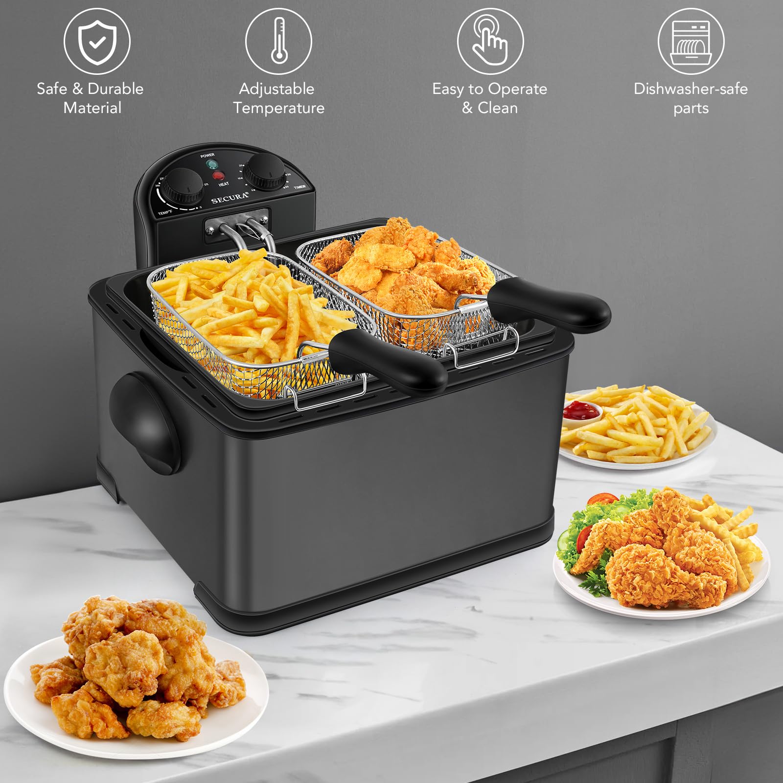 Foto 5 pulgar | Freidora Secura 5l 1700w Con 3 Cestas Y Temporizador, Color Negro - Venta Internacional.
