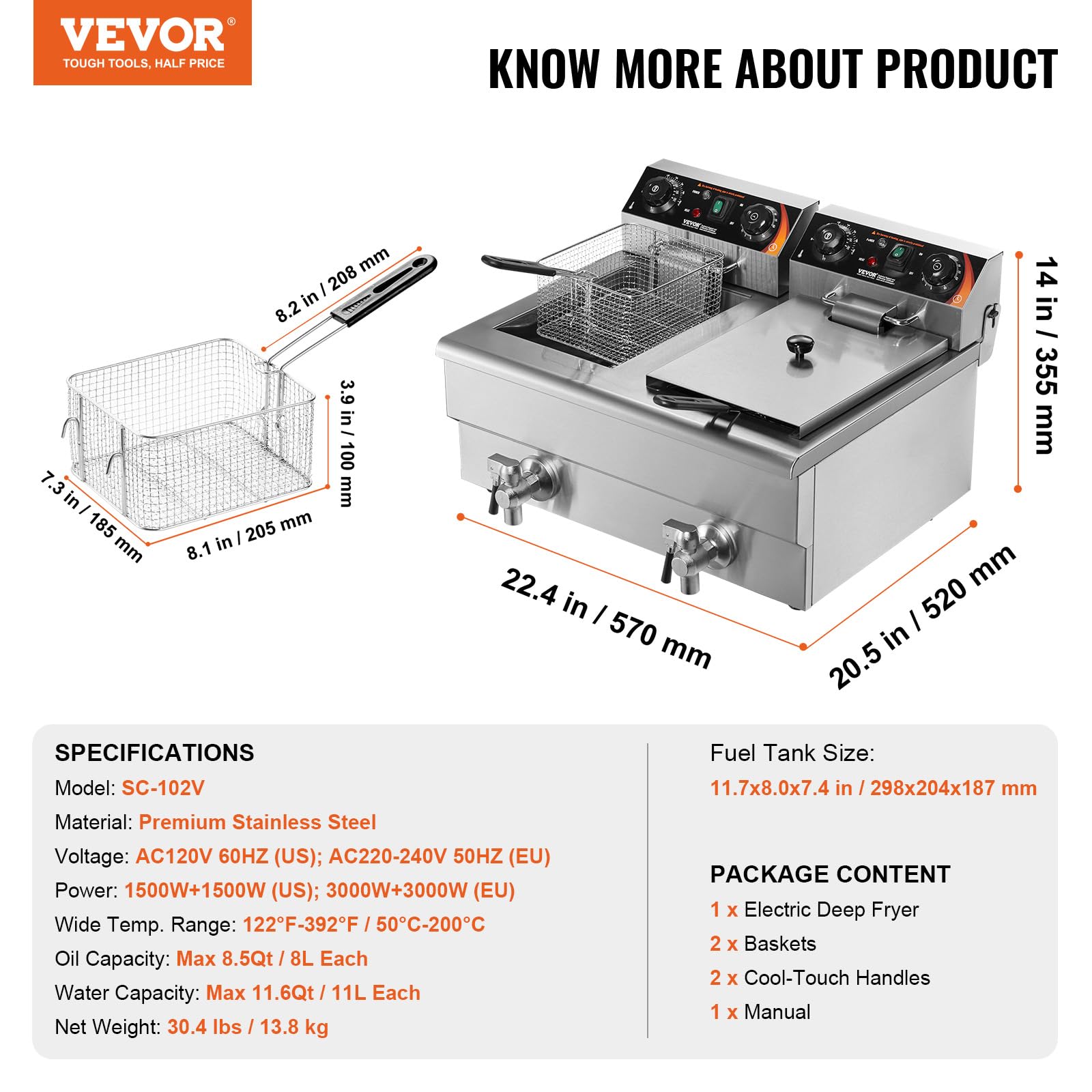 Foto 8 pulgar | Freidora Comercial Vevor De Doble Tanque 3000 W Eléctrica 11l - Venta Internacional.