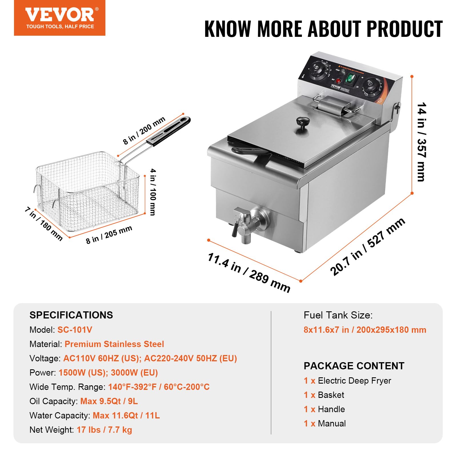 Foto 7 | Freidora Vevor Commercial, 1500 W, Eléctrica, 11,6 Cuartos De Galón Y 11 Litros - Venta Internacional.