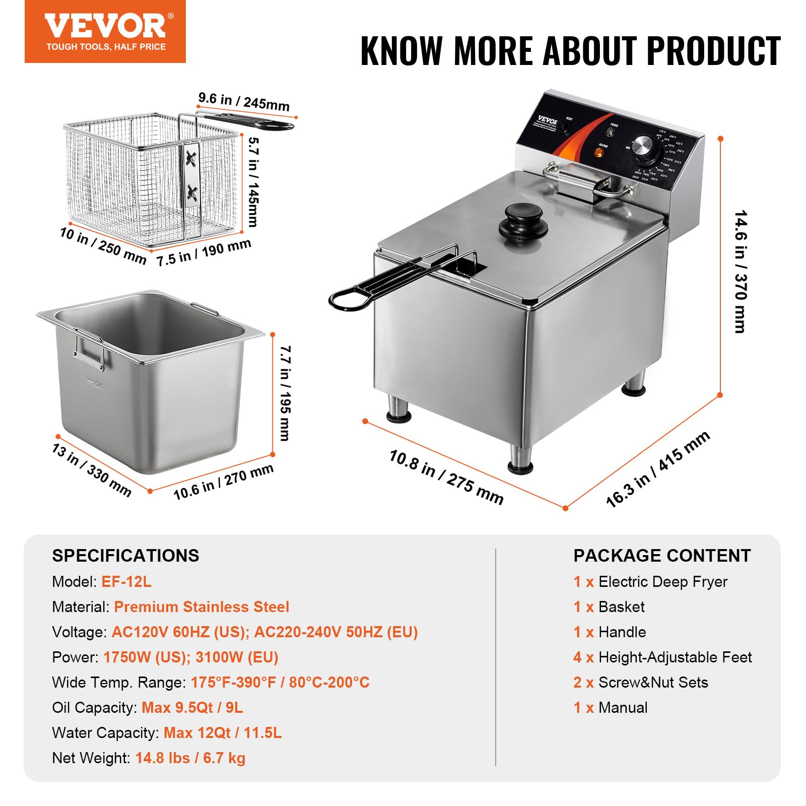 Foto 8 pulgar | Freidora Vevor Commercial, Encimera Eléctrica, 11,5 L, 1750 W - Venta Internacional.
