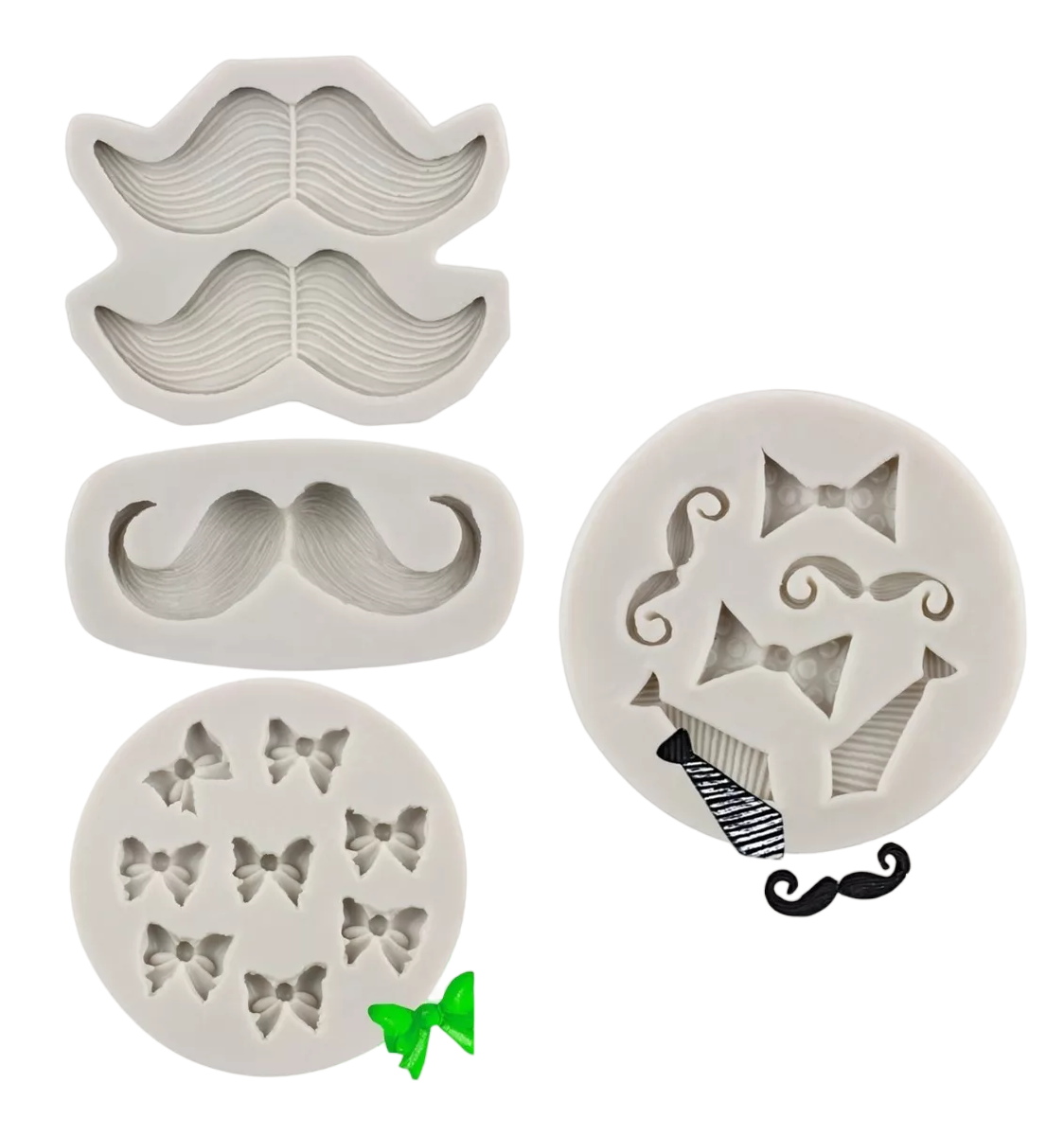 Molde De Silicona Bigote Corbata Lazo Fondant Resina 4 Pcs