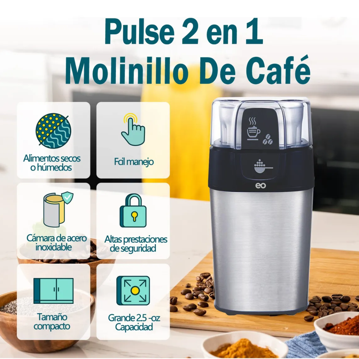 Foto 3 | Molino De Café Eléctrico Grosor Ajustable Cafe/nuez/especias Eo Safe Imports Esi-19178 Plata