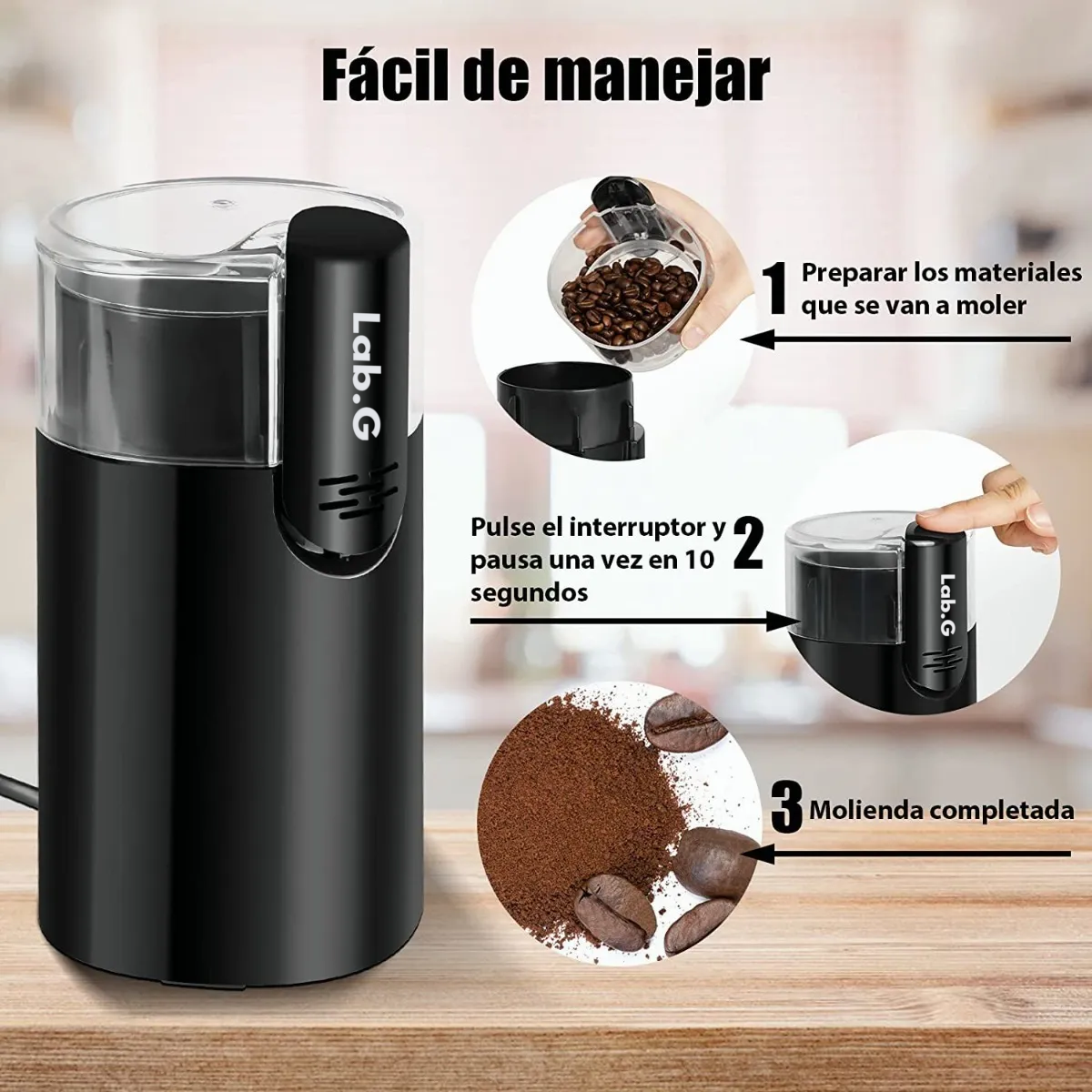 Foto 4 pulgar | Molinillo Electrico Para Granos De Cafe Y Nuez  Portatil 100 Gr Lab.g Negro