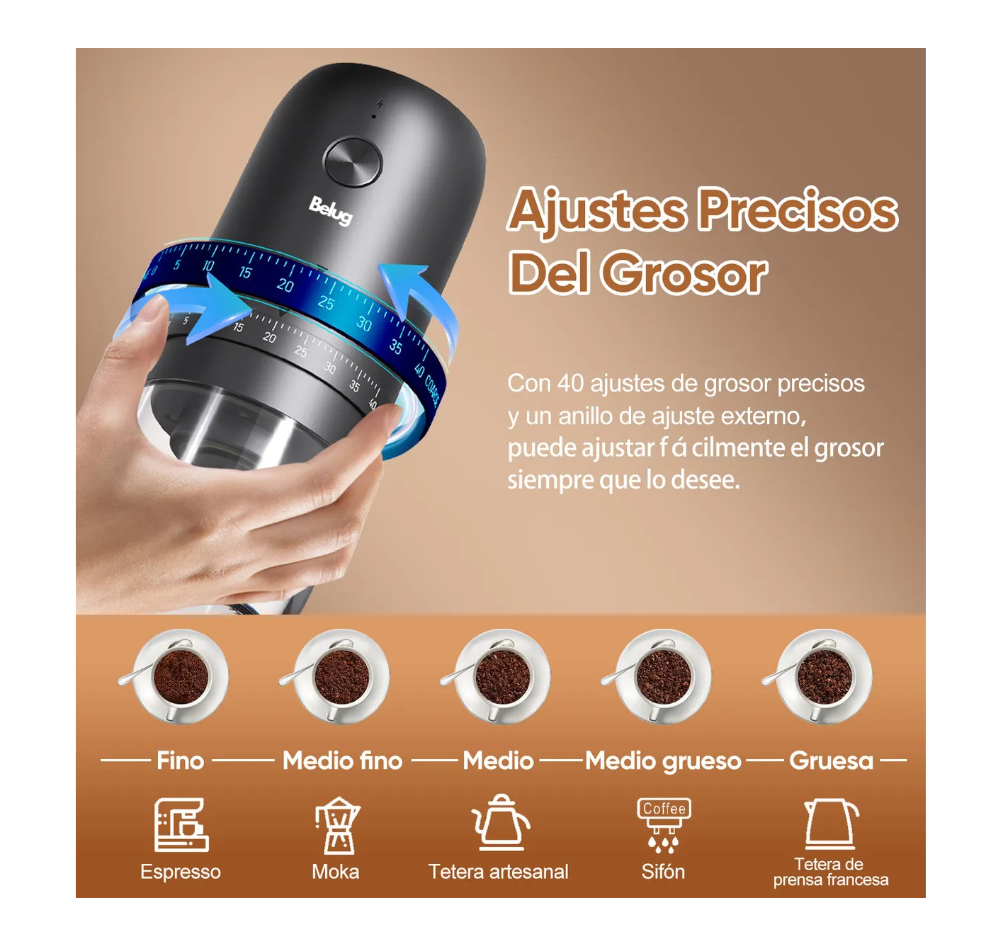 Foto 6 pulgar | Molino De Café Eléctrico Recargable 1800mah Grosor Ajustable Negro