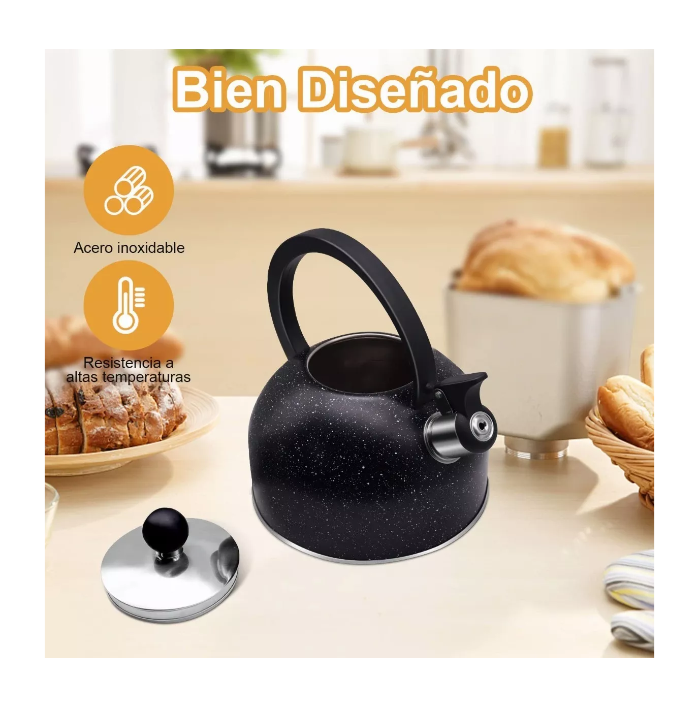 Foto 4 pulgar | Tetera Hervidor Silbadora De Acero Inoxidable De 2.5 L Negro