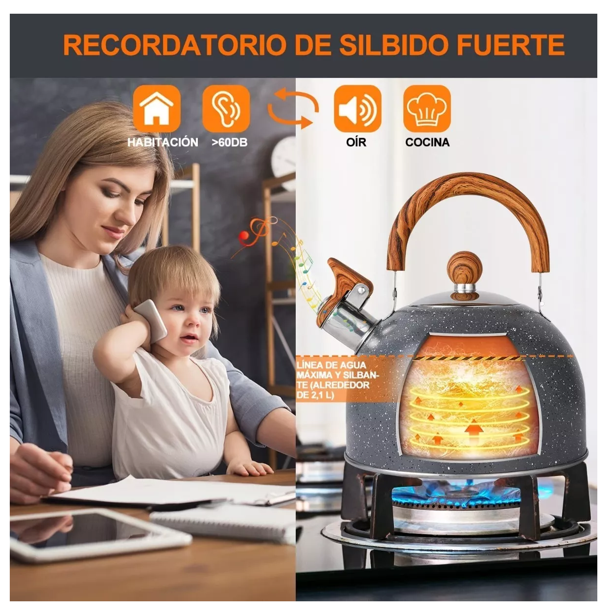 Foto 5 pulgar | Tetera Silbadora De Acero Inoxidable Para Te Cafe Agua 2.5 L Gris