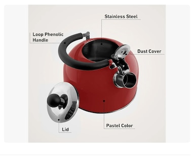 Foto 3 | Tetera Silbadora Acero Inoxidable 3 Litros Con Tapa (rojo) Xtellar