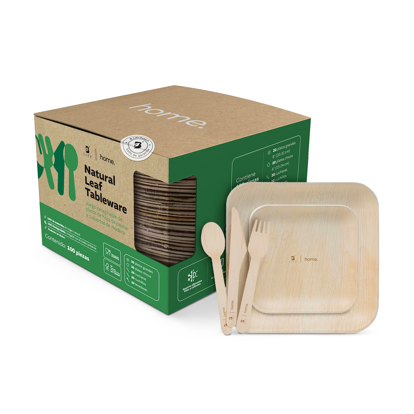 Set de Platos y Cubiertos Biodegradables B Life Hoja de Palma 100 Piezas