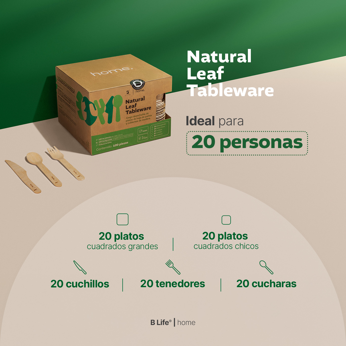 Foto 4 | Set de Platos y Cubiertos B Life Biodegradables ce Hoja de Palma 100 Piezas