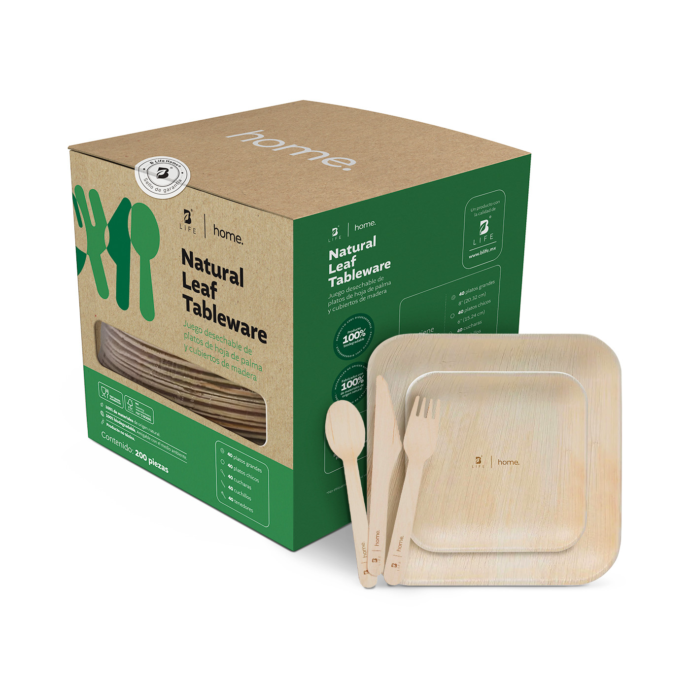 Set de Platos y Cubiertos B Life Biodegradables Hoja de Palma 200 Piezas