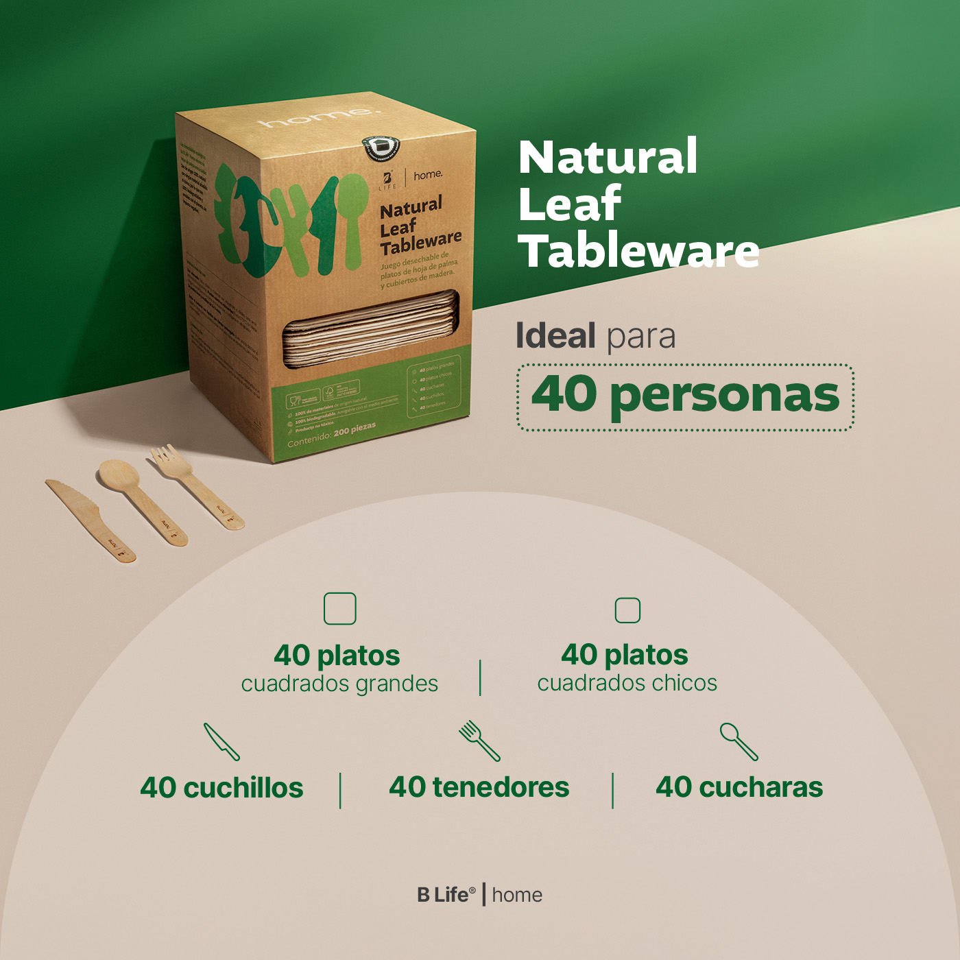 Foto 4 | Set de Platos y Cubiertos B Life Biodegradables de Hoja de Palma 200 Piezas
