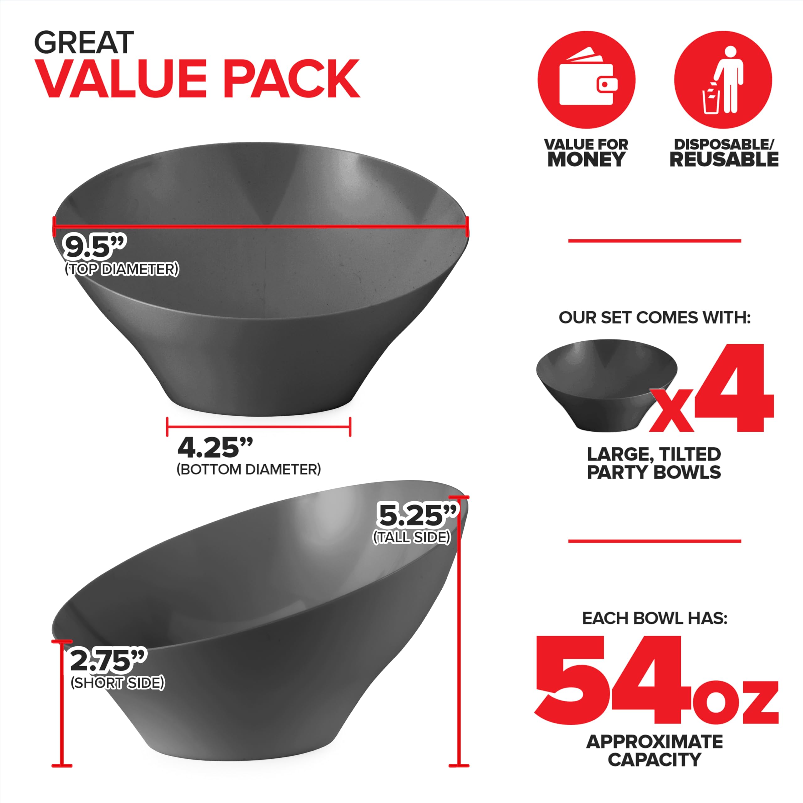 Foto 2 | Cuencos Para Servir Stock Your Home De Plástico Negro De 1600 Ml (paquete De 4) - Venta Internacional.
