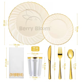 Foto 2 | Berry Bloom Vajilla Reutilizable Beige Con Orilla Dorada 175 Piezas Con Cubiertos Y Servilletas
